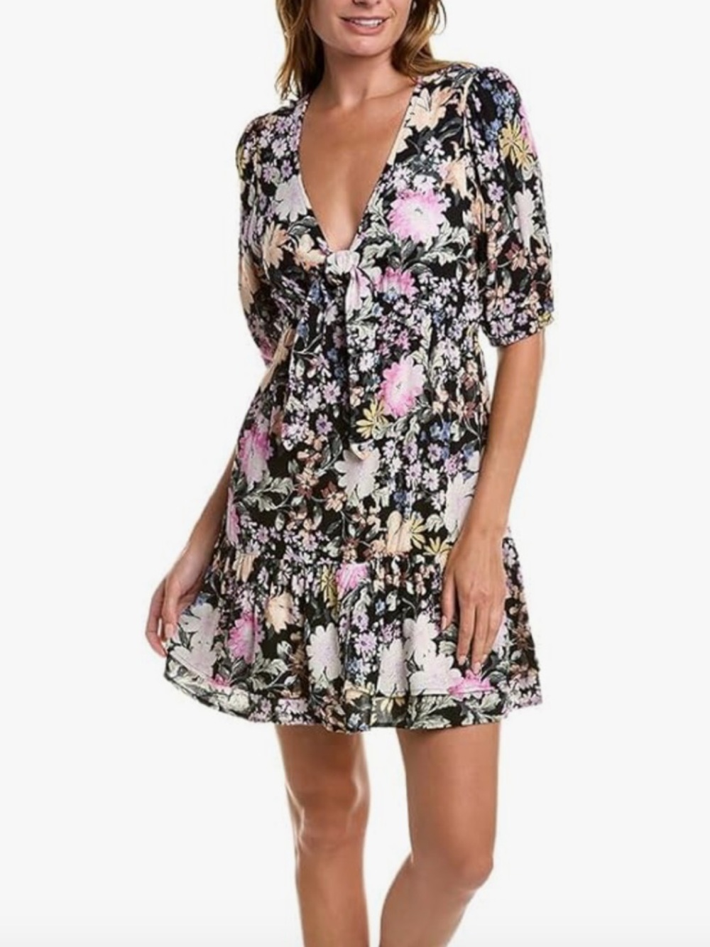saltwater LUXE Size Medium Black Floral Print "Oasis" Short Sleeve Mini Dress